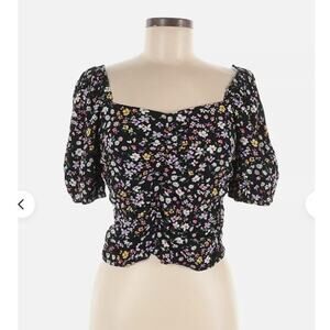 NEW Anthropologie Sophie Rue Ruched Black Floral Blouse Top Women's Large